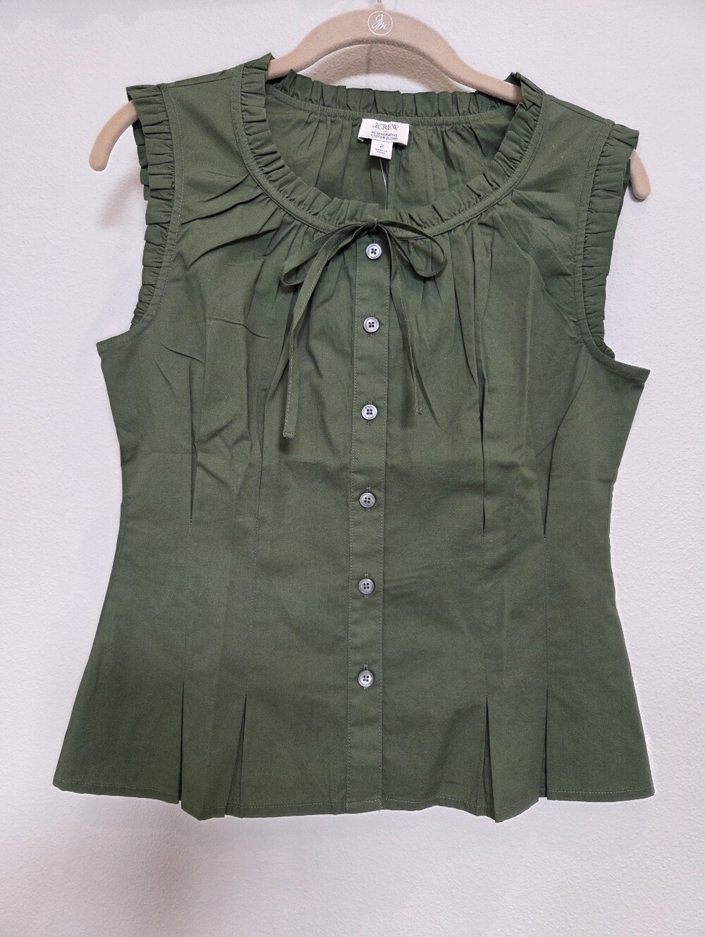 NWT J. Crew Olive/ Artichoke Green Sleeveless Ruffle Tie-Neck Blouse size 2